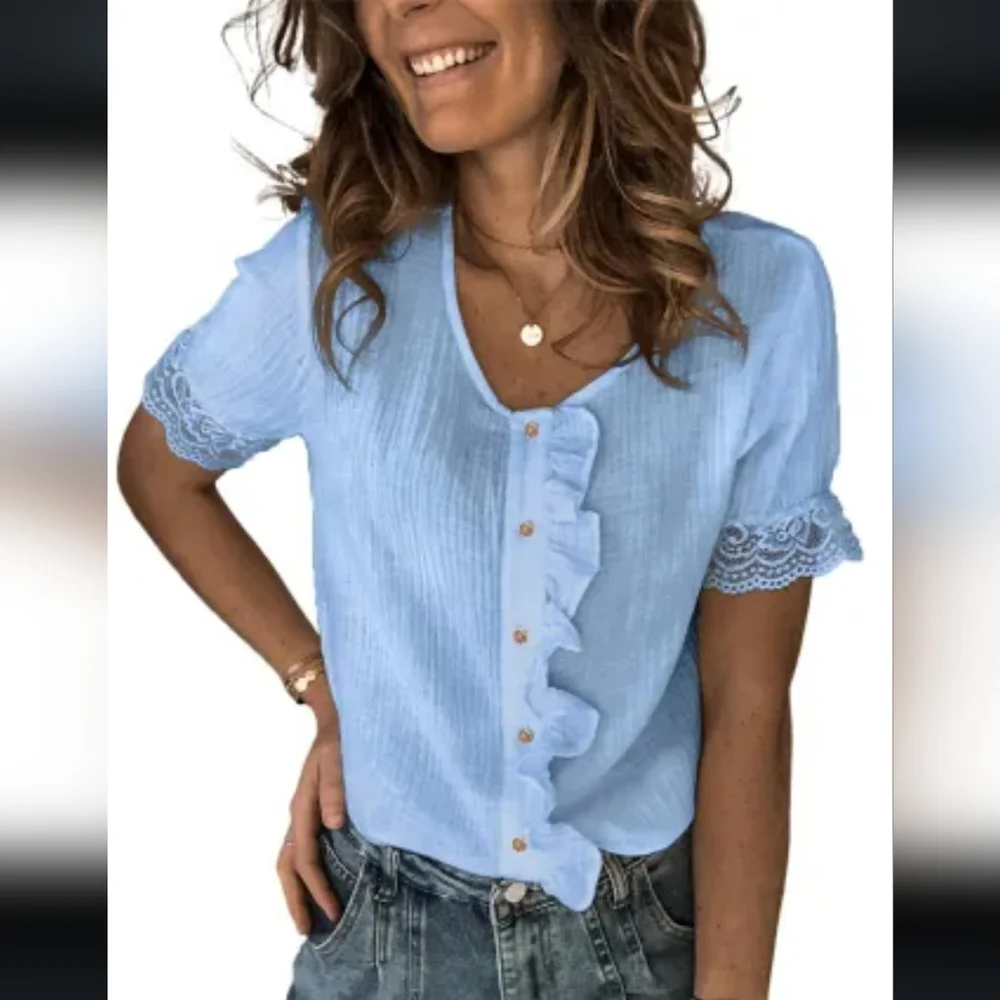 New blue ruffle cotton top - Picture 2 of 10